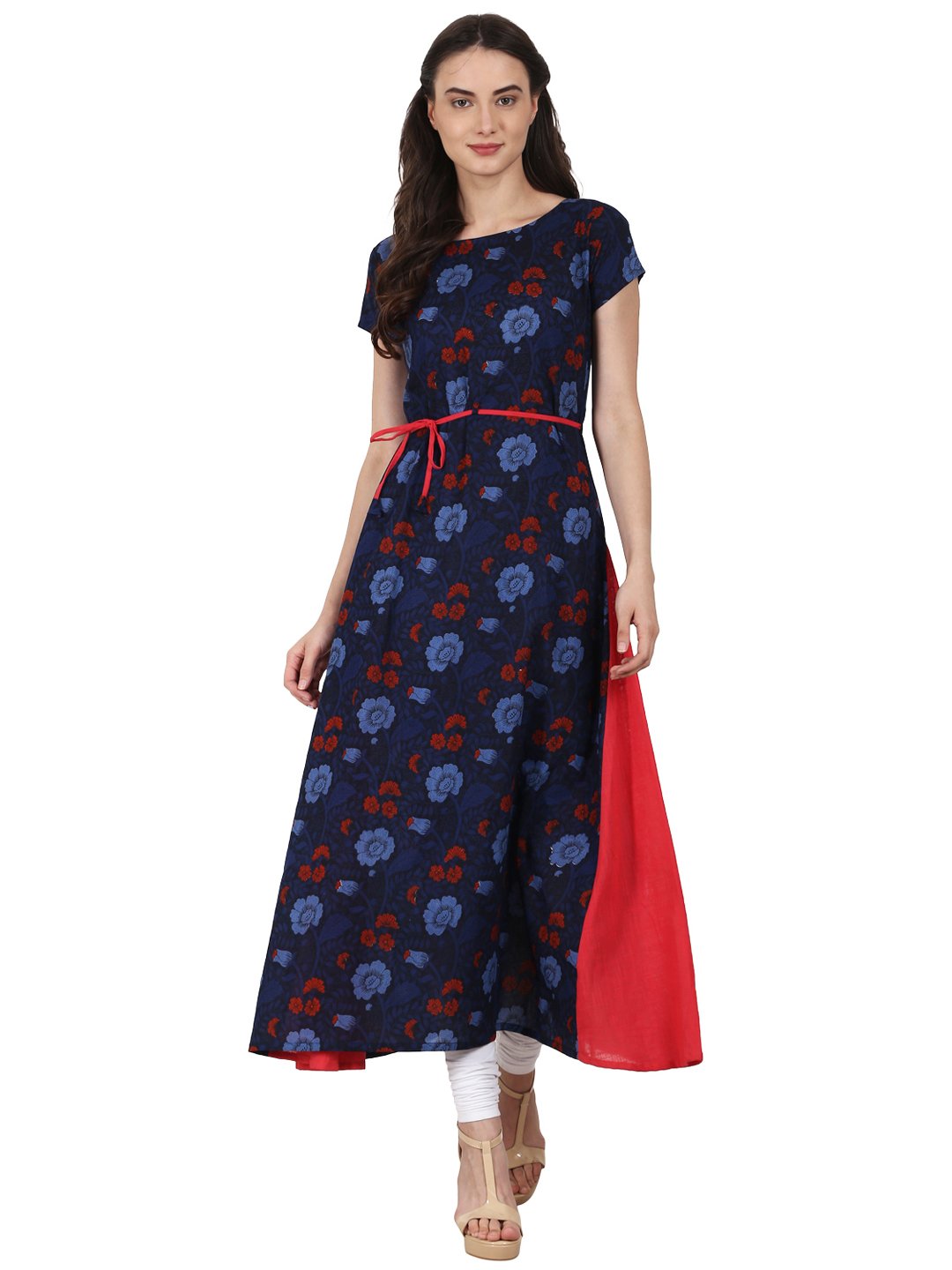 Navy Blue Printed Cap Sleeve A-Line Kurta | LASVINI - Redefining Indian Fashion with Elegance