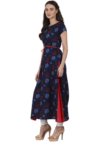 Navy Blue Printed Cap Sleeve A-Line Kurta | LASVINI - Redefining Indian Fashion with Elegance