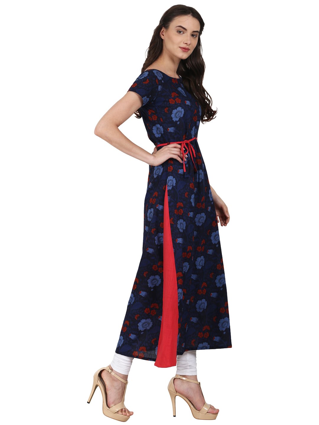 Navy Blue Printed Cap Sleeve A-Line Kurta | LASVINI - Redefining Indian Fashion with Elegance