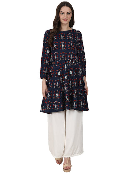 Blue Printed 3/4 Sleeve Cotton A-Line Kurta | LASVINI - Redefining Indian Fashion with Elegance