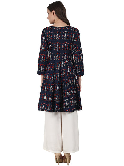 Blue Printed 3/4 Sleeve Cotton A-Line Kurta | LASVINI - Redefining Indian Fashion with Elegance