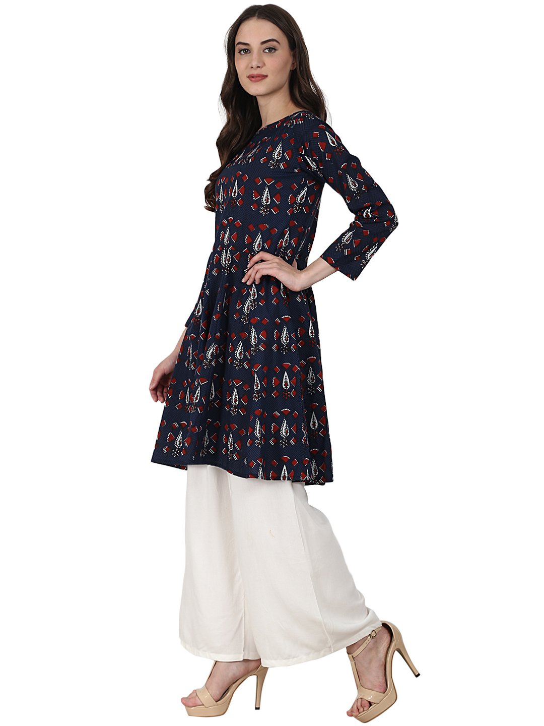 Blue Printed 3/4 Sleeve Cotton A-Line Kurta | LASVINI - Redefining Indian Fashion with Elegance