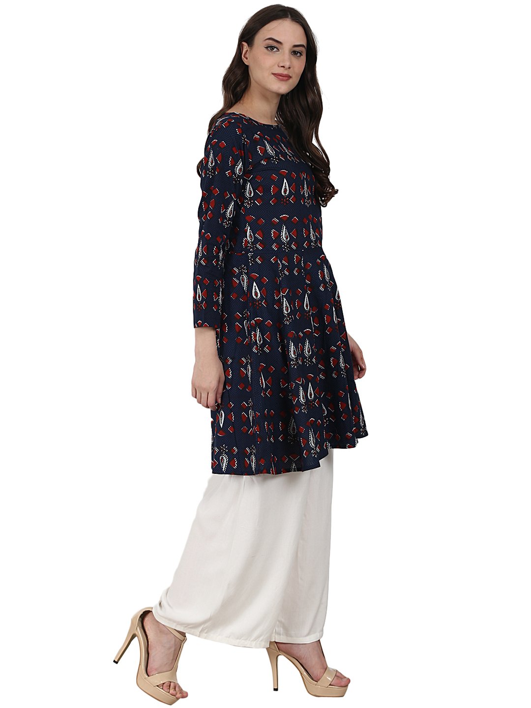 Blue Printed 3/4 Sleeve Cotton A-Line Kurta | LASVINI - Redefining Indian Fashion with Elegance