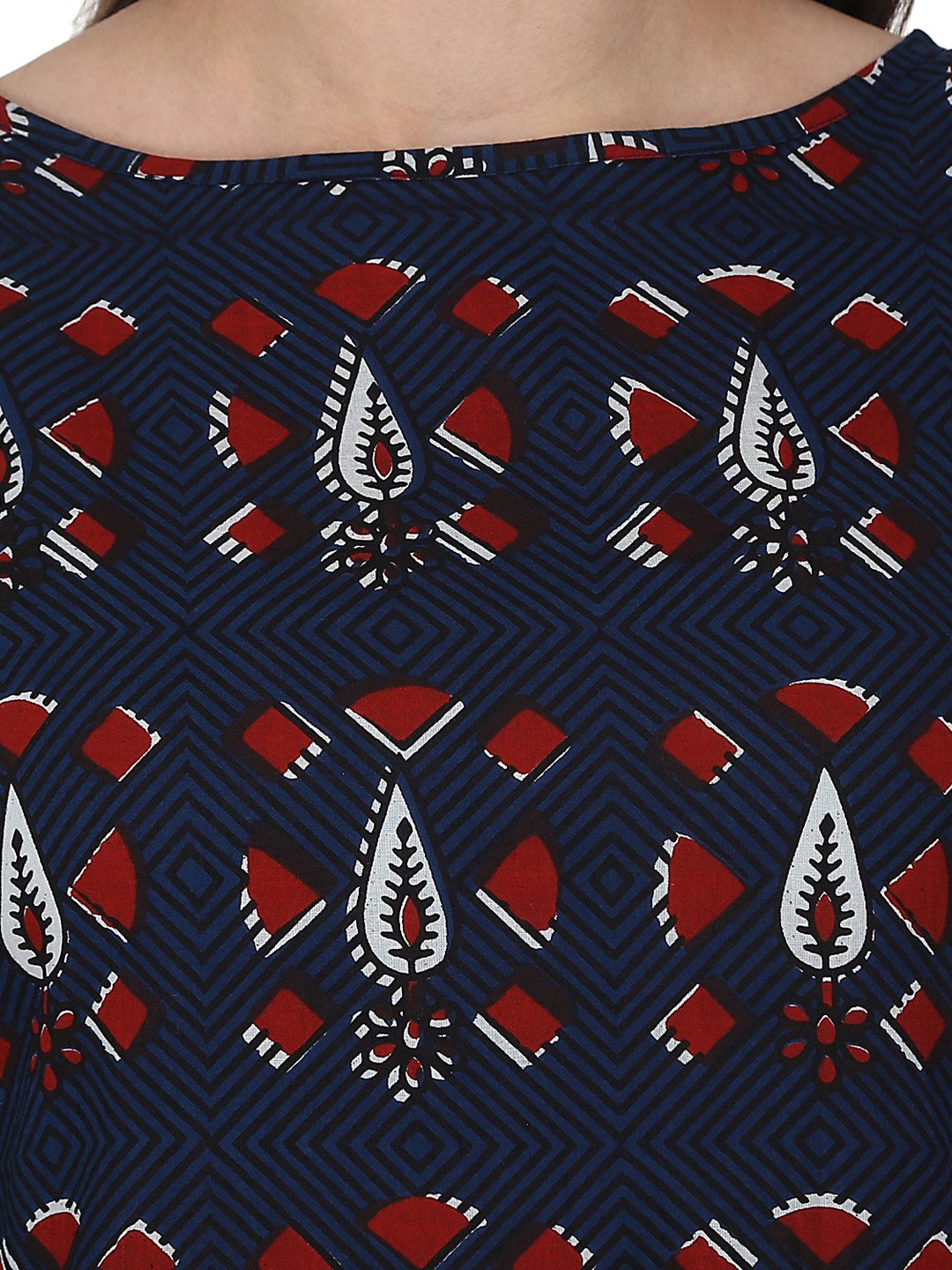 Blue Printed 3/4 Sleeve Cotton A-Line Kurta | LASVINI - Redefining Indian Fashion with Elegance