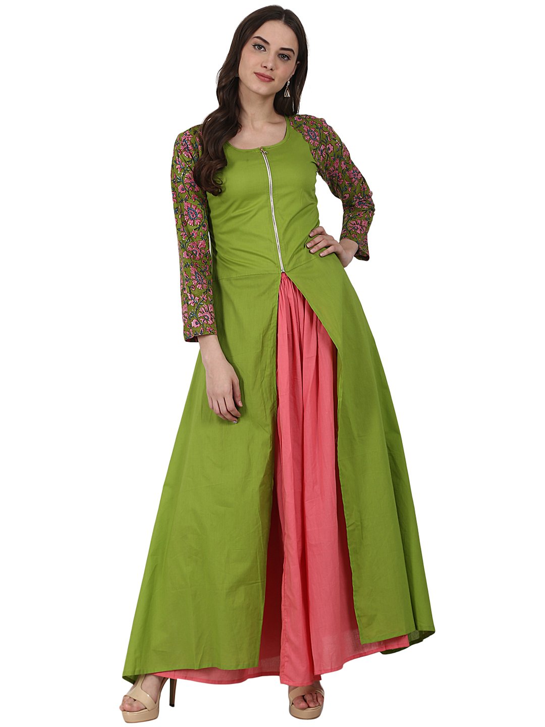 Green 3/4 Sleeve Cotton A-Line Kurta With Front Cut | LASVINI - Redefining Indian Fashion with Elegance