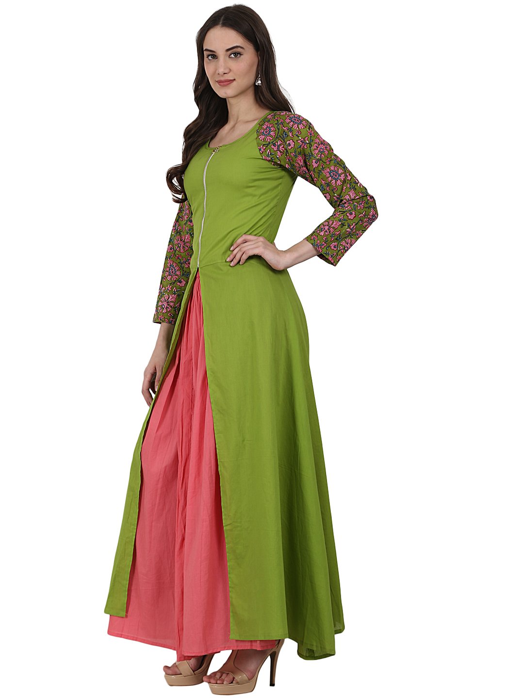 Green 3/4 Sleeve Cotton A-Line Kurta With Front Cut | LASVINI - Redefining Indian Fashion with Elegance