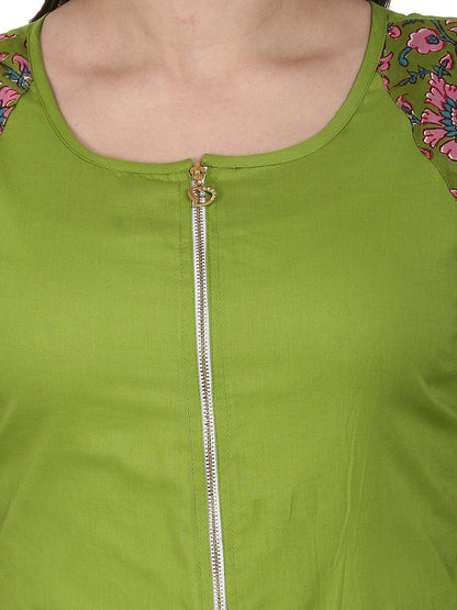 Green 3/4 Sleeve Cotton A-Line Kurta With Front Cut | LASVINI - Redefining Indian Fashion with Elegance