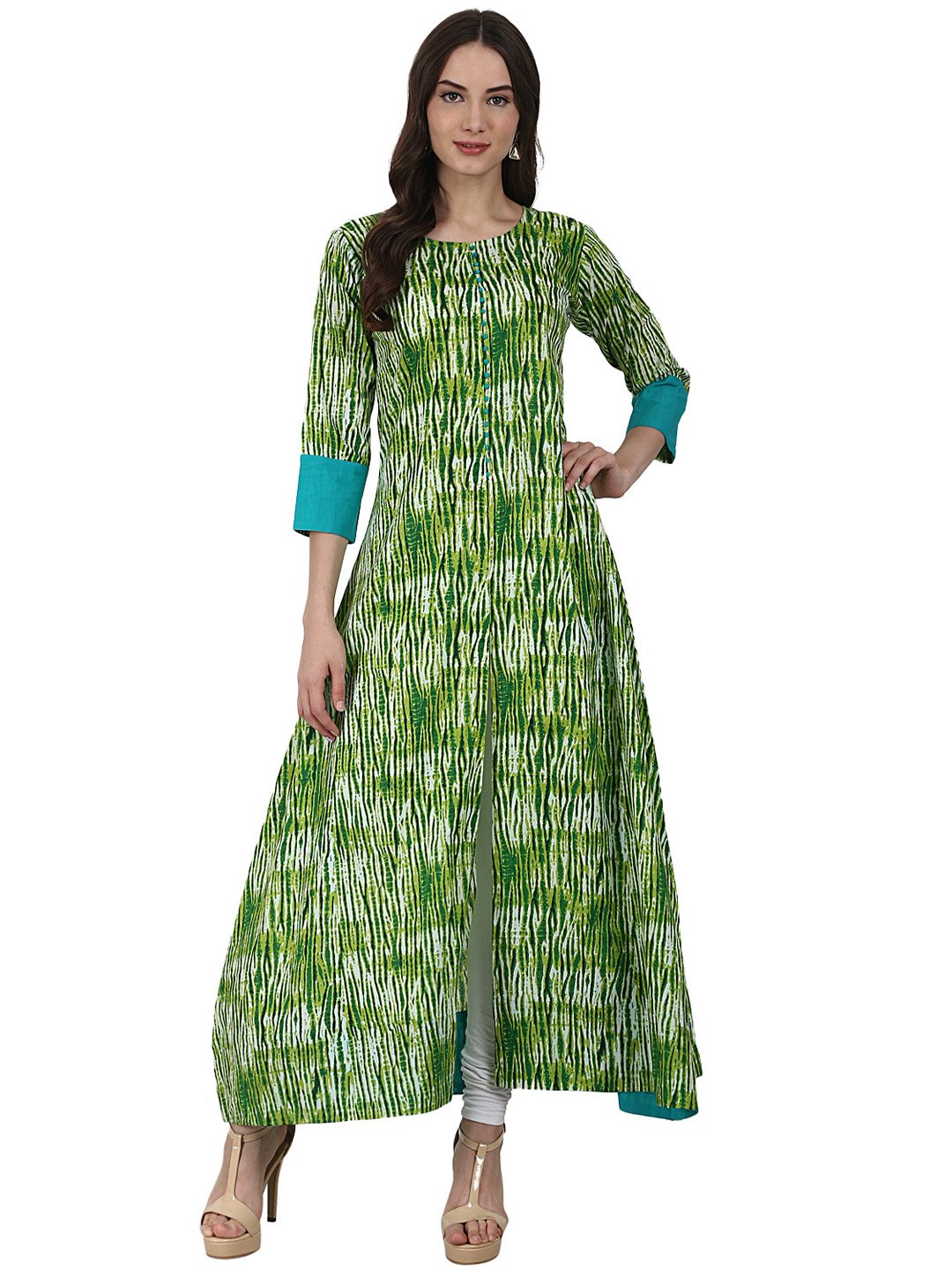 Green Printed 3/4 Sleeve Cotton A-Line Kurta | LASVINI - Redefining Indian Fashion with Elegance