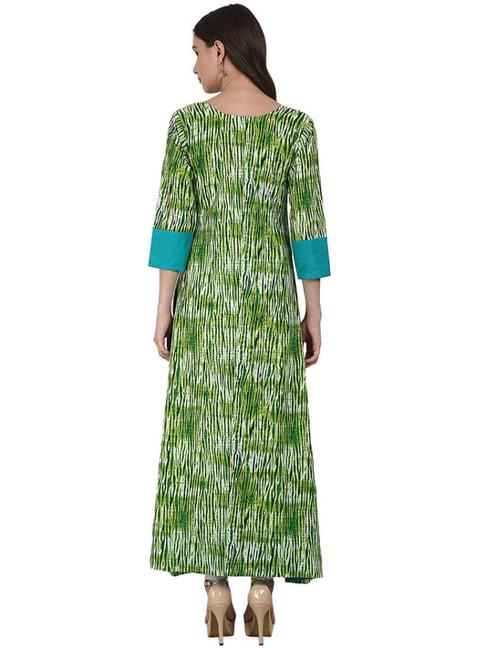 Green Printed 3/4 Sleeve Cotton A-Line Kurta | LASVINI - Redefining Indian Fashion with Elegance