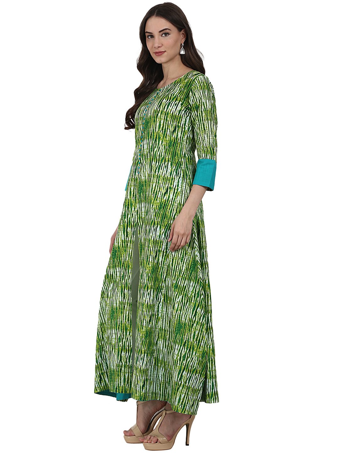 Green Printed 3/4 Sleeve Cotton A-Line Kurta | LASVINI - Redefining Indian Fashion with Elegance