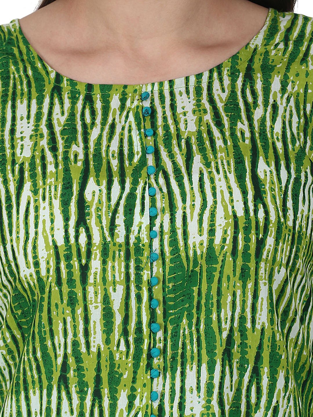 Green Printed 3/4 Sleeve Cotton A-Line Kurta | LASVINI - Redefining Indian Fashion with Elegance