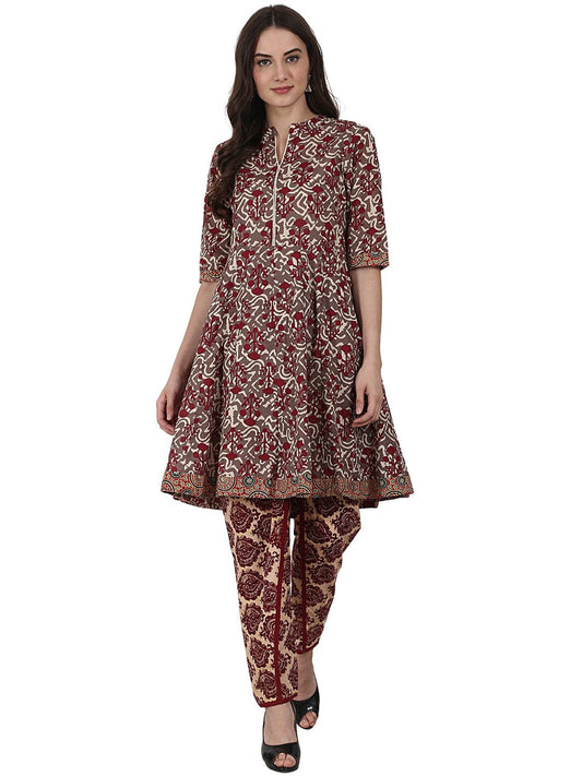 Grey Printed Half Sleeve Cotton Kurta | LASVINI - Redefining Indian Fashion with Elegance