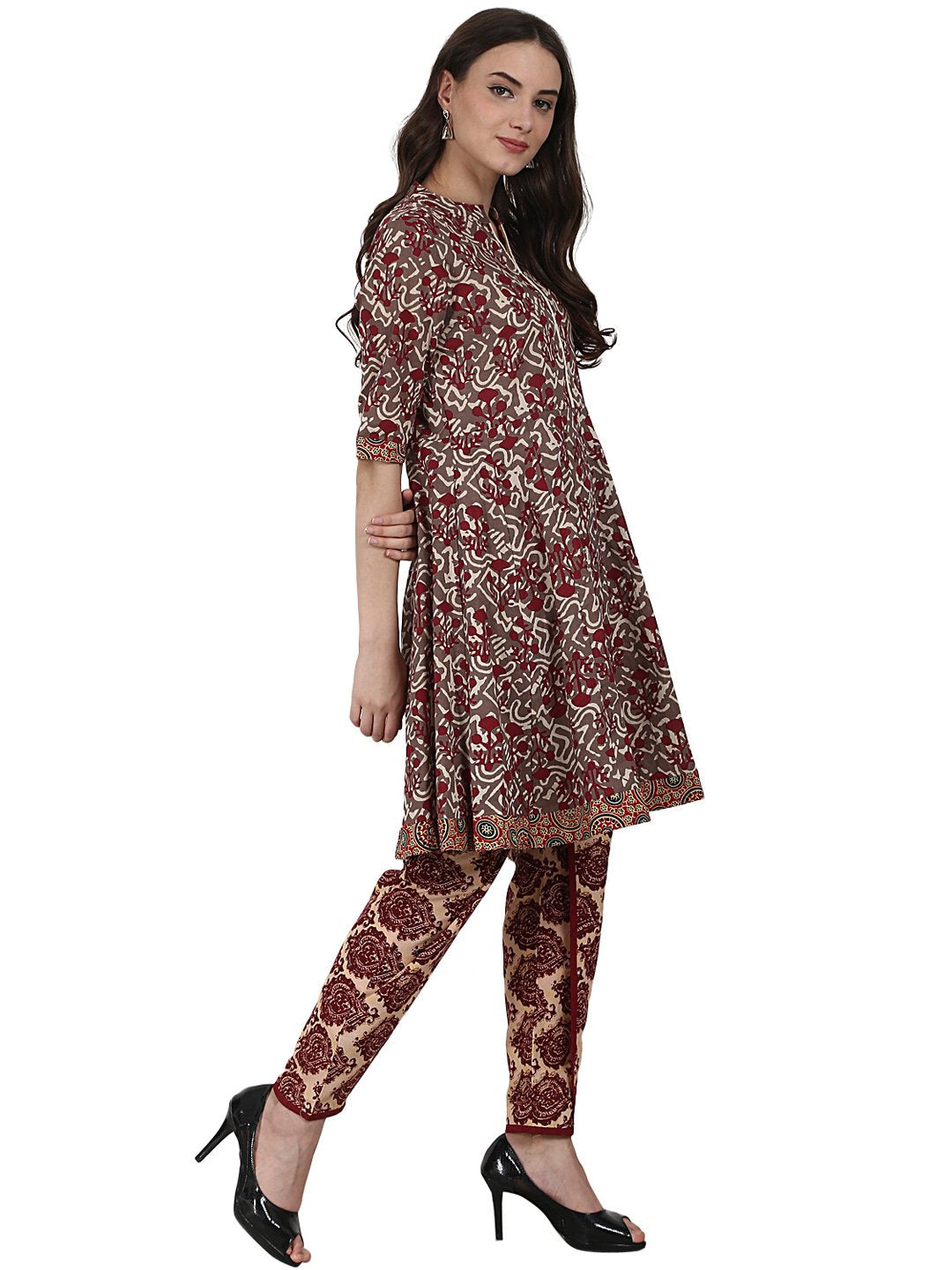 Grey Printed Half Sleeve Cotton Kurta | LASVINI - Redefining Indian Fashion with Elegance