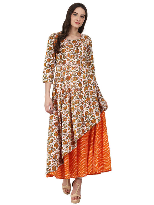 Women Yellow Printed 3/4 Sleeve Double Layer Cotton Anarkali Kurta | LASVINI - Redefining Indian Fashion with Elegance