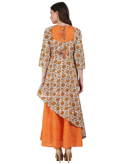 Women Yellow Printed 3/4 Sleeve Double Layer Cotton Anarkali Kurta | LASVINI - Redefining Indian Fashion with Elegance