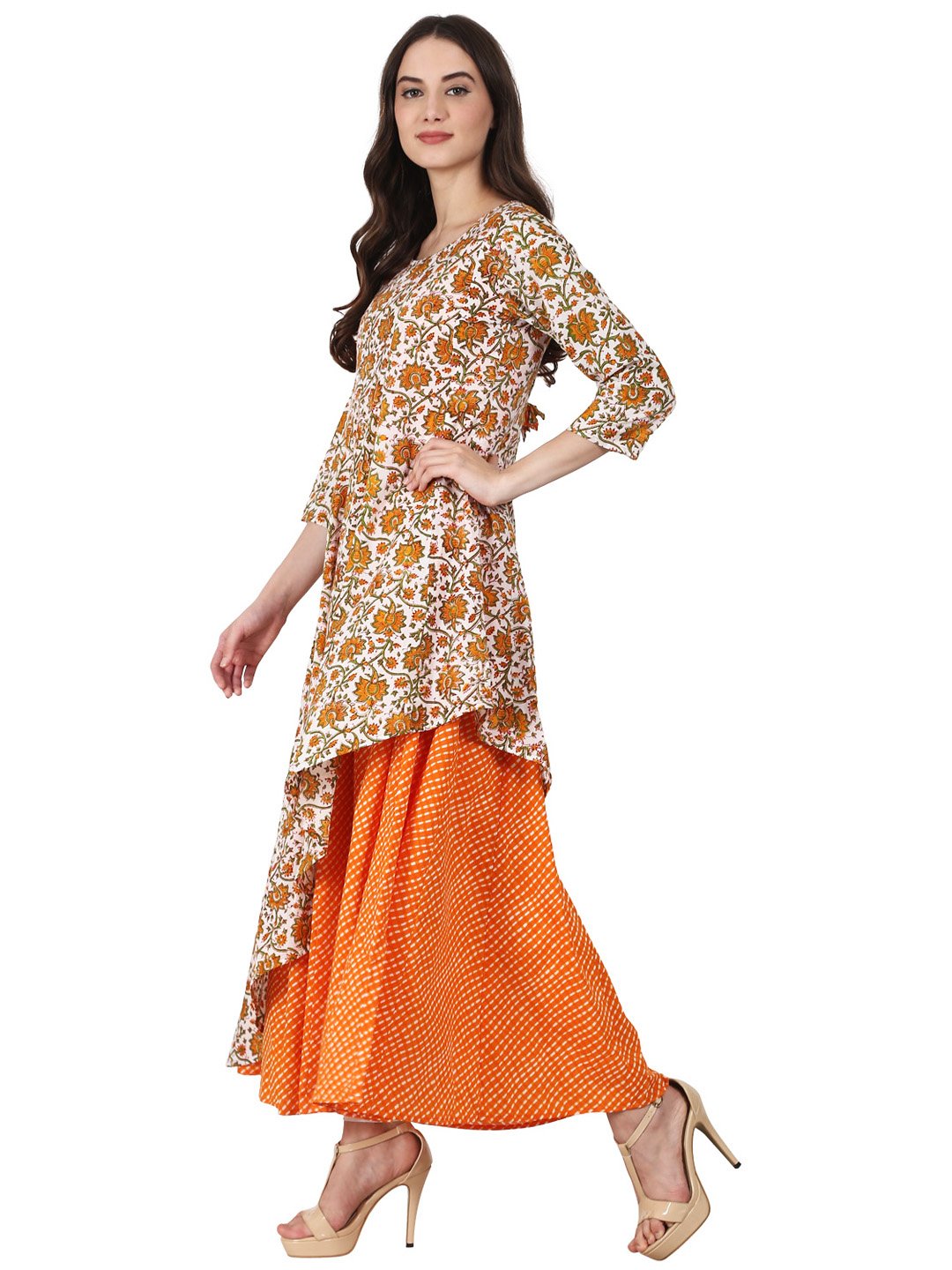 Women Yellow Printed 3/4 Sleeve Double Layer Cotton Anarkali Kurta | LASVINI - Redefining Indian Fashion with Elegance