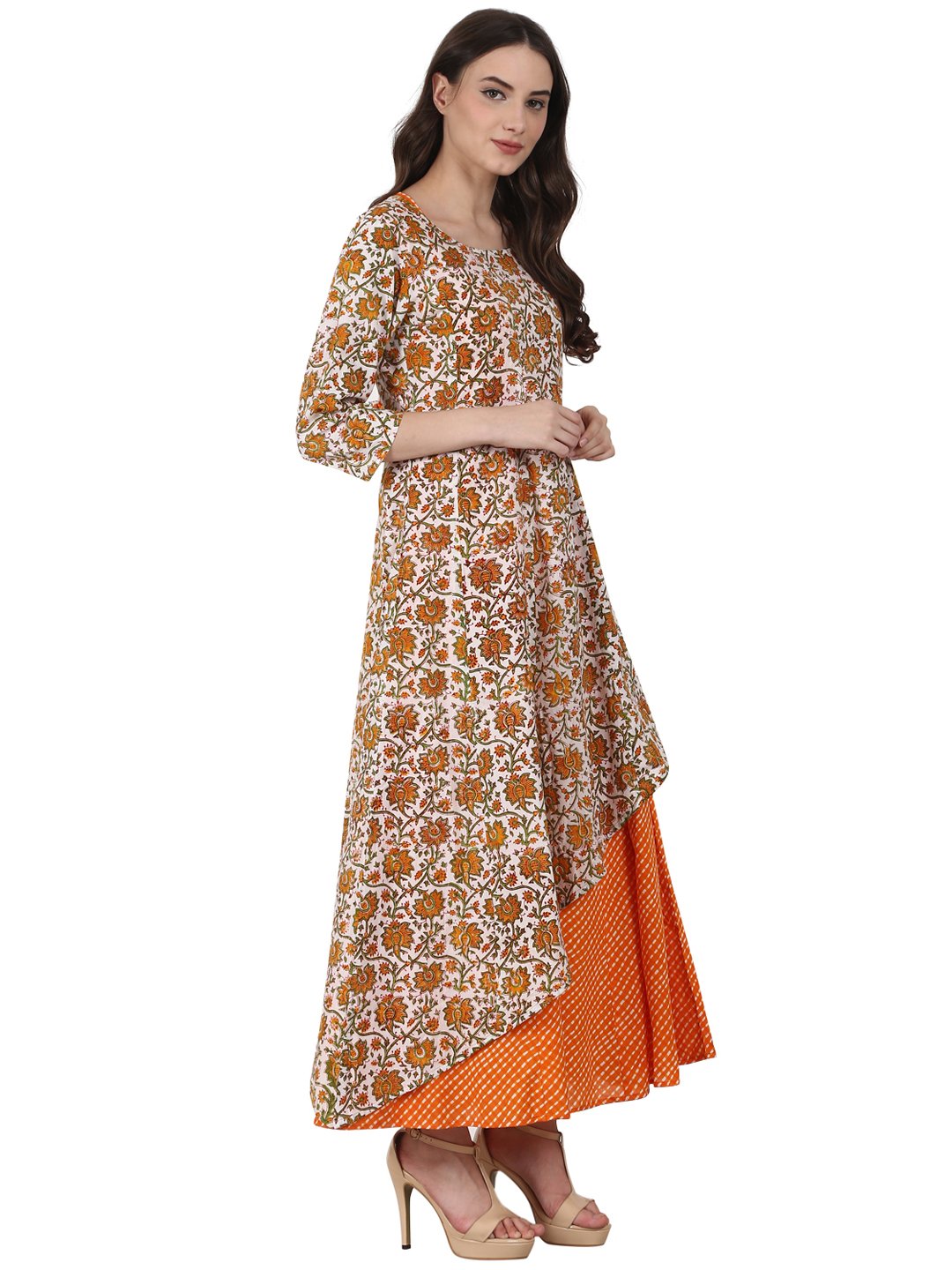 Women Yellow Printed 3/4 Sleeve Double Layer Cotton Anarkali Kurta | LASVINI - Redefining Indian Fashion with Elegance