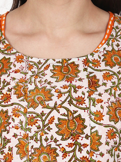 Women Yellow Printed 3/4 Sleeve Double Layer Cotton Anarkali Kurta | LASVINI - Redefining Indian Fashion with Elegance