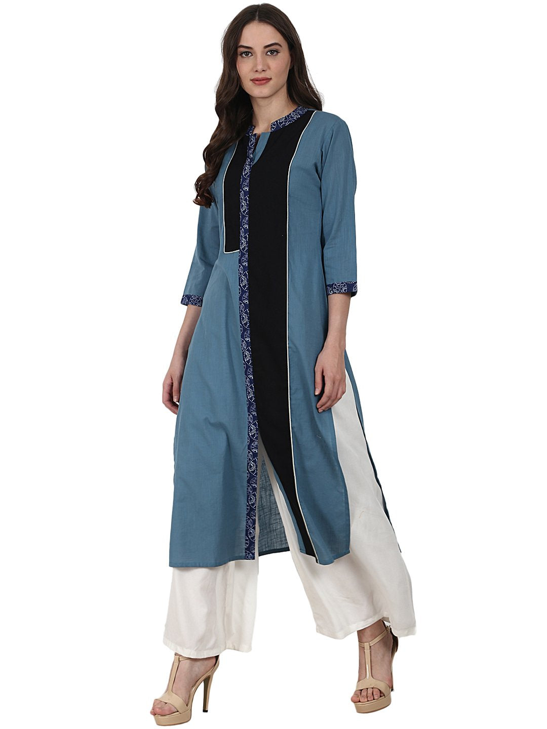 Blue 3/4 Sleeve Cotton Kurta | LASVINI - Redefining Indian Fashion with Elegance