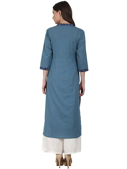 Blue 3/4 Sleeve Cotton Kurta | LASVINI - Redefining Indian Fashion with Elegance