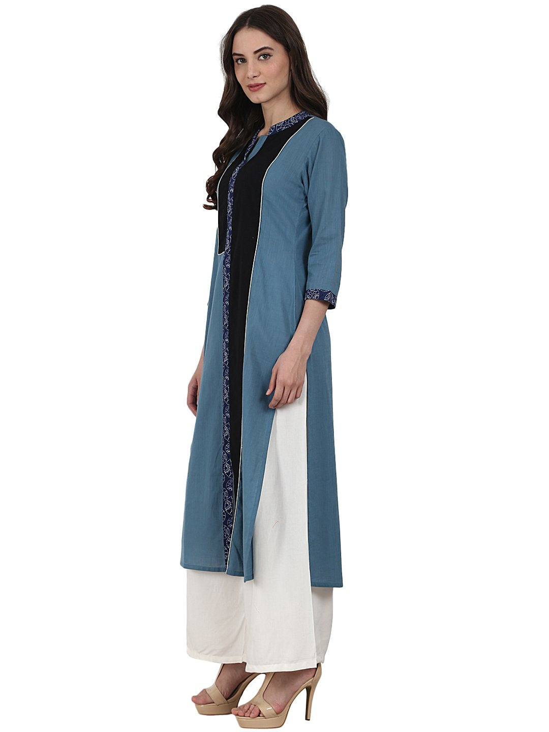 Blue 3/4 Sleeve Cotton Kurta | LASVINI - Redefining Indian Fashion with Elegance