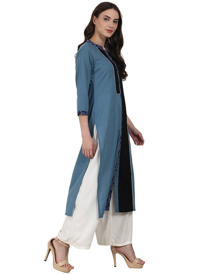 Blue 3/4 Sleeve Cotton Kurta | LASVINI - Redefining Indian Fashion with Elegance
