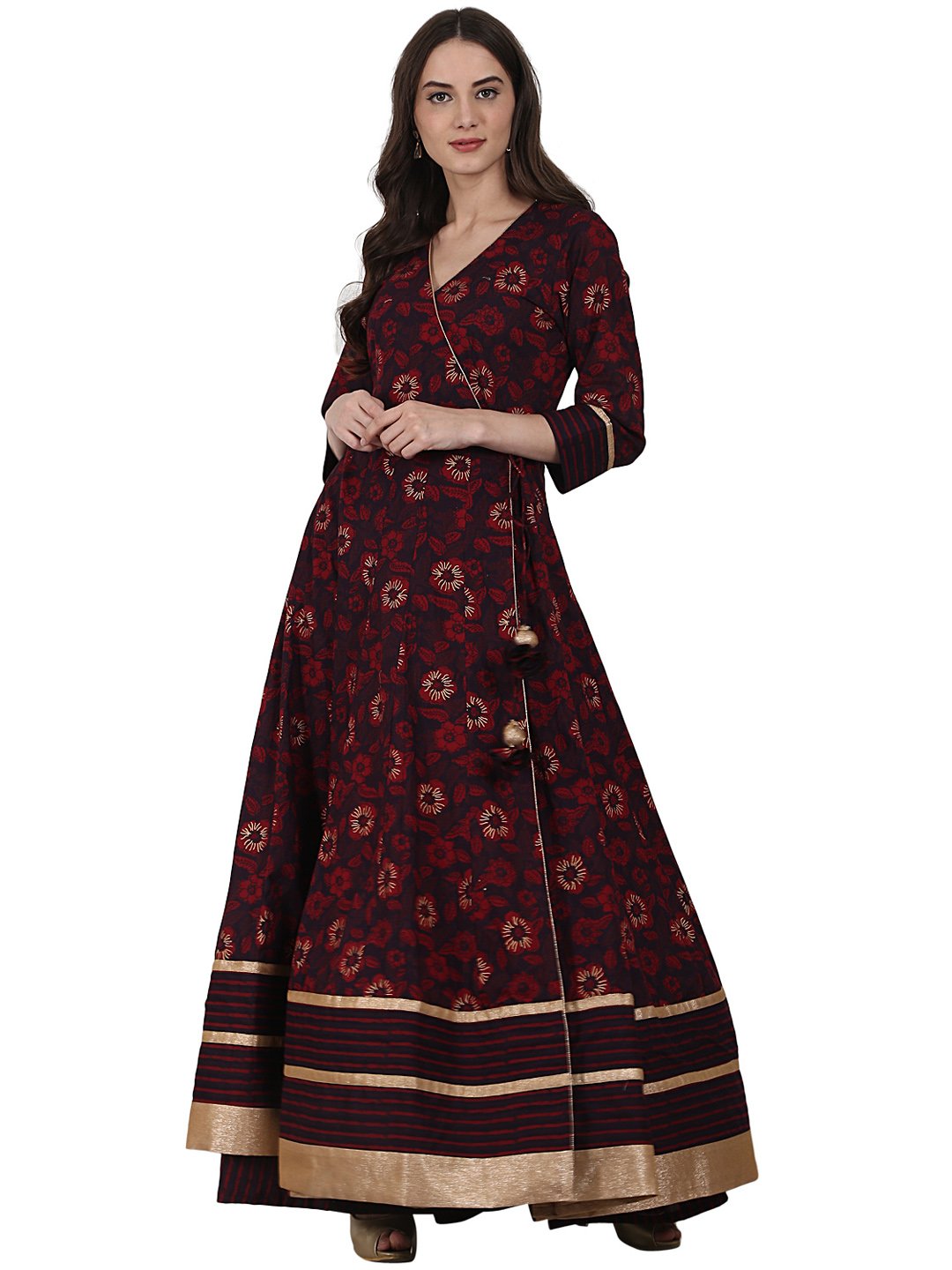 Coffee Printed 3/4 Sleeve Cotton Floor Length Anarkali Kurta | LASVINI - Redefining Indian Fashion with Elegance