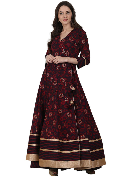 Coffee Printed 3/4 Sleeve Cotton Floor Length Anarkali Kurta | LASVINI - Redefining Indian Fashion with Elegance