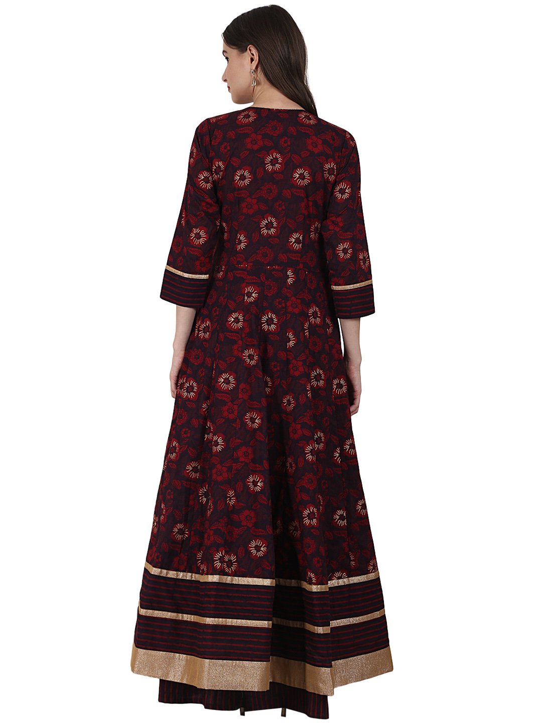 Coffee Printed 3/4 Sleeve Cotton Floor Length Anarkali Kurta | LASVINI - Redefining Indian Fashion with Elegance