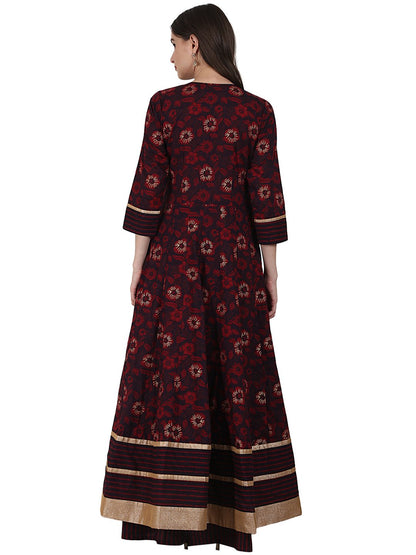 Coffee Printed 3/4 Sleeve Cotton Floor Length Anarkali Kurta | LASVINI - Redefining Indian Fashion with Elegance