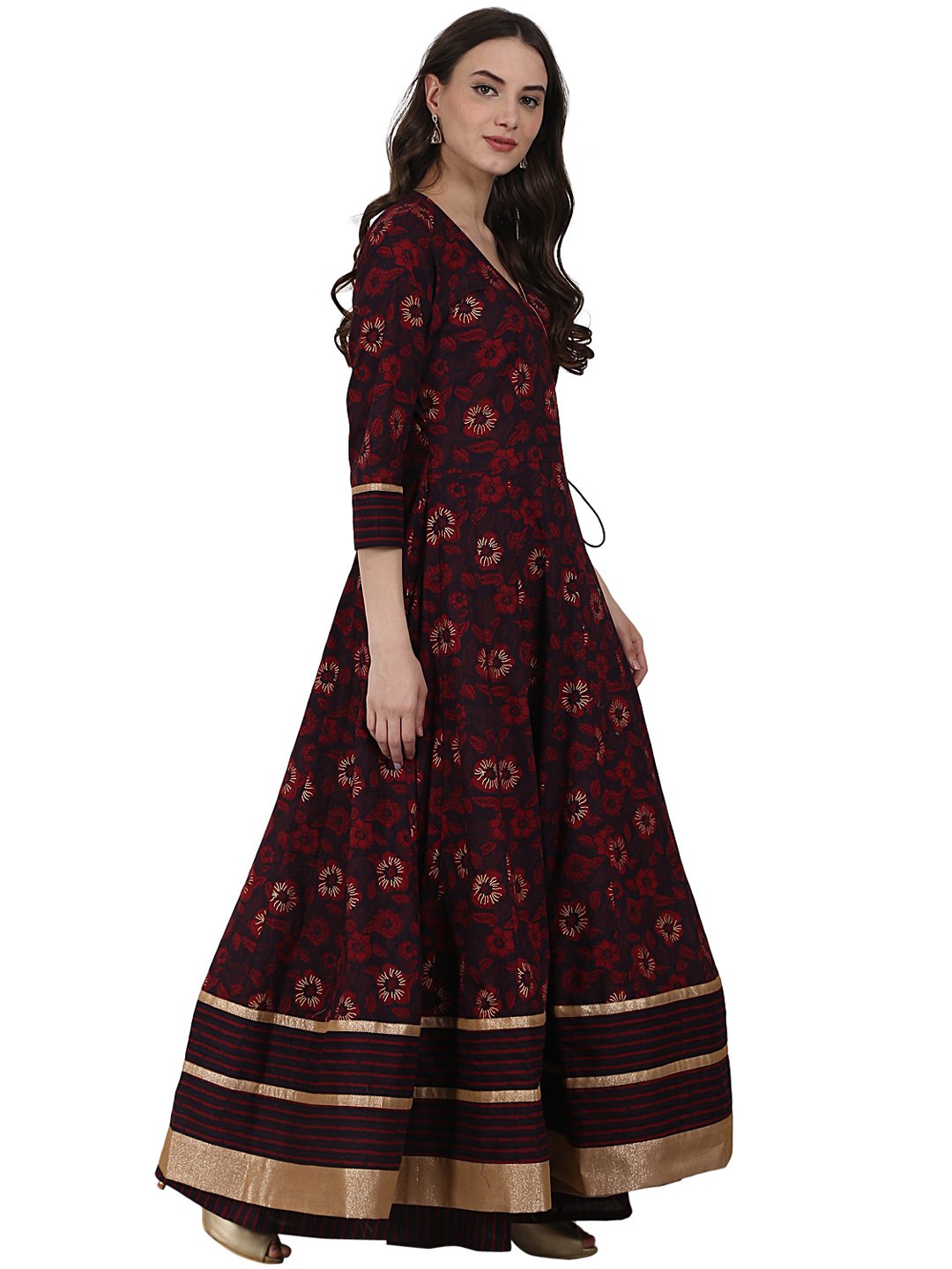 Coffee Printed 3/4 Sleeve Cotton Floor Length Anarkali Kurta | LASVINI - Redefining Indian Fashion with Elegance