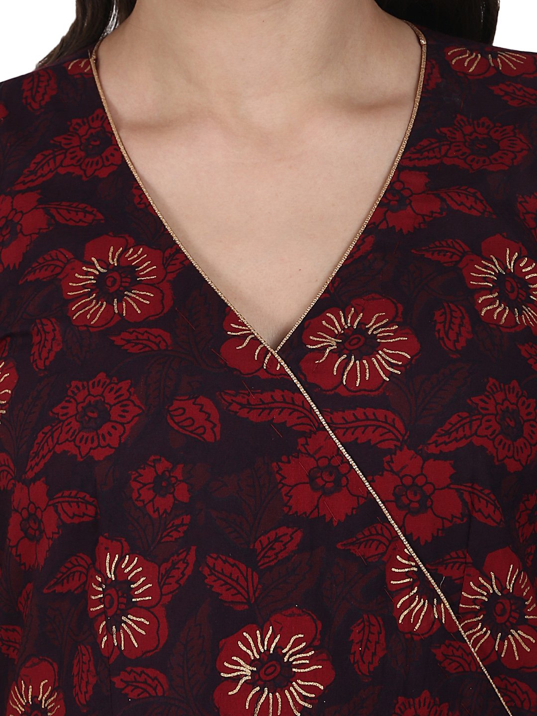 Coffee Printed 3/4 Sleeve Cotton Floor Length Anarkali Kurta | LASVINI - Redefining Indian Fashion with Elegance