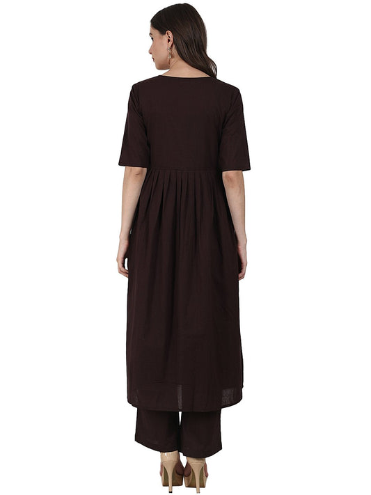 Coffee 3/4 Sleeve Anarkali Kurta With Ankle Length Plazzo & Printed Dupatta | LASVINI - Redefining Indian Fashion with Elegance