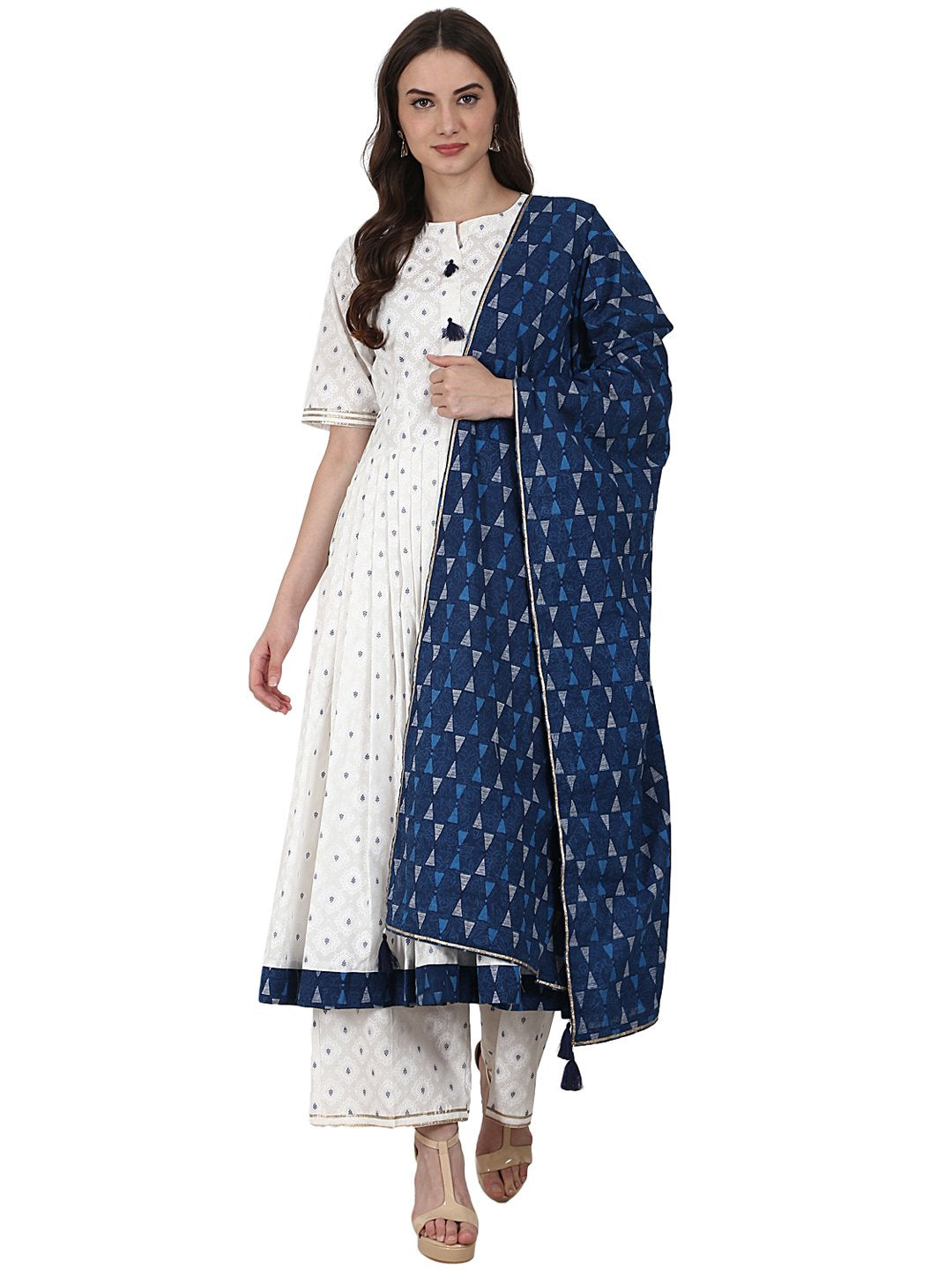 White Golden Butta Printed Anarkali Kurta & Plazzo With Blue Printed Dupatta | LASVINI - Redefining Indian Fashion with Elegance