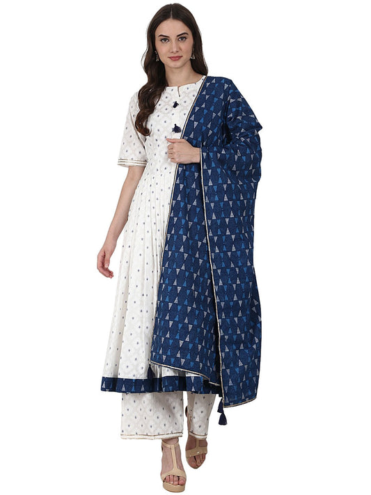 White Golden Butta Printed Anarkali Kurta & Plazzo With Blue Printed Dupatta | LASVINI - Redefining Indian Fashion with Elegance