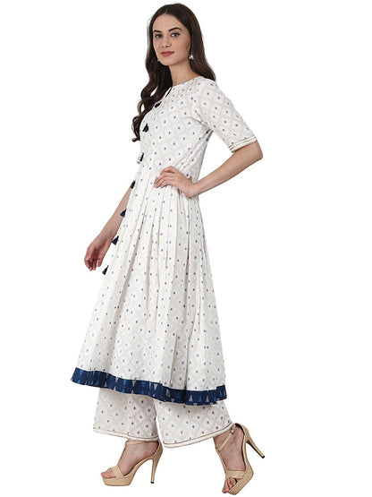 White Golden Butta Printed Anarkali Kurta & Plazzo With Blue Printed Dupatta | LASVINI - Redefining Indian Fashion with Elegance