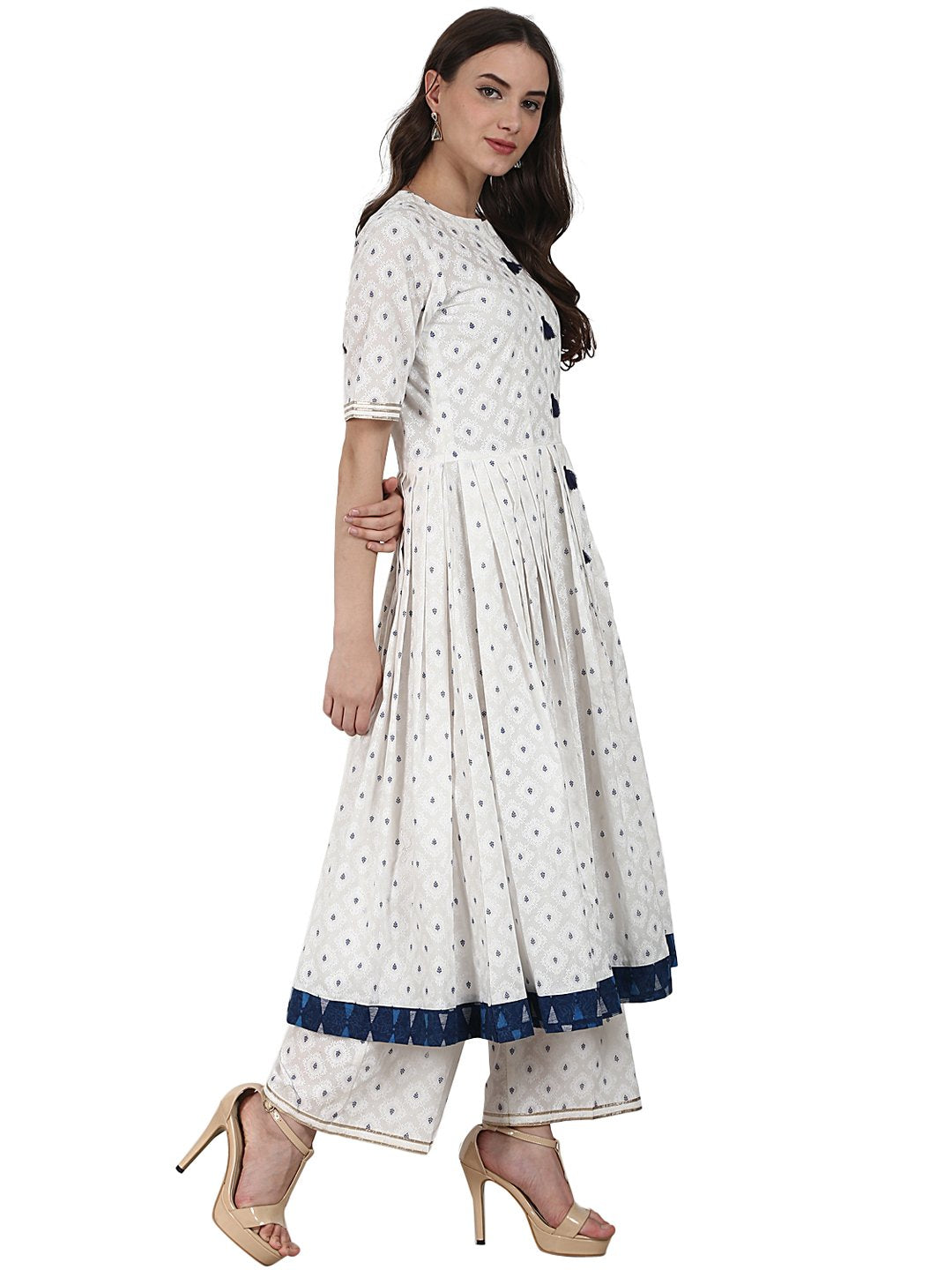 White Golden Butta Printed Anarkali Kurta & Plazzo With Blue Printed Dupatta | LASVINI - Redefining Indian Fashion with Elegance