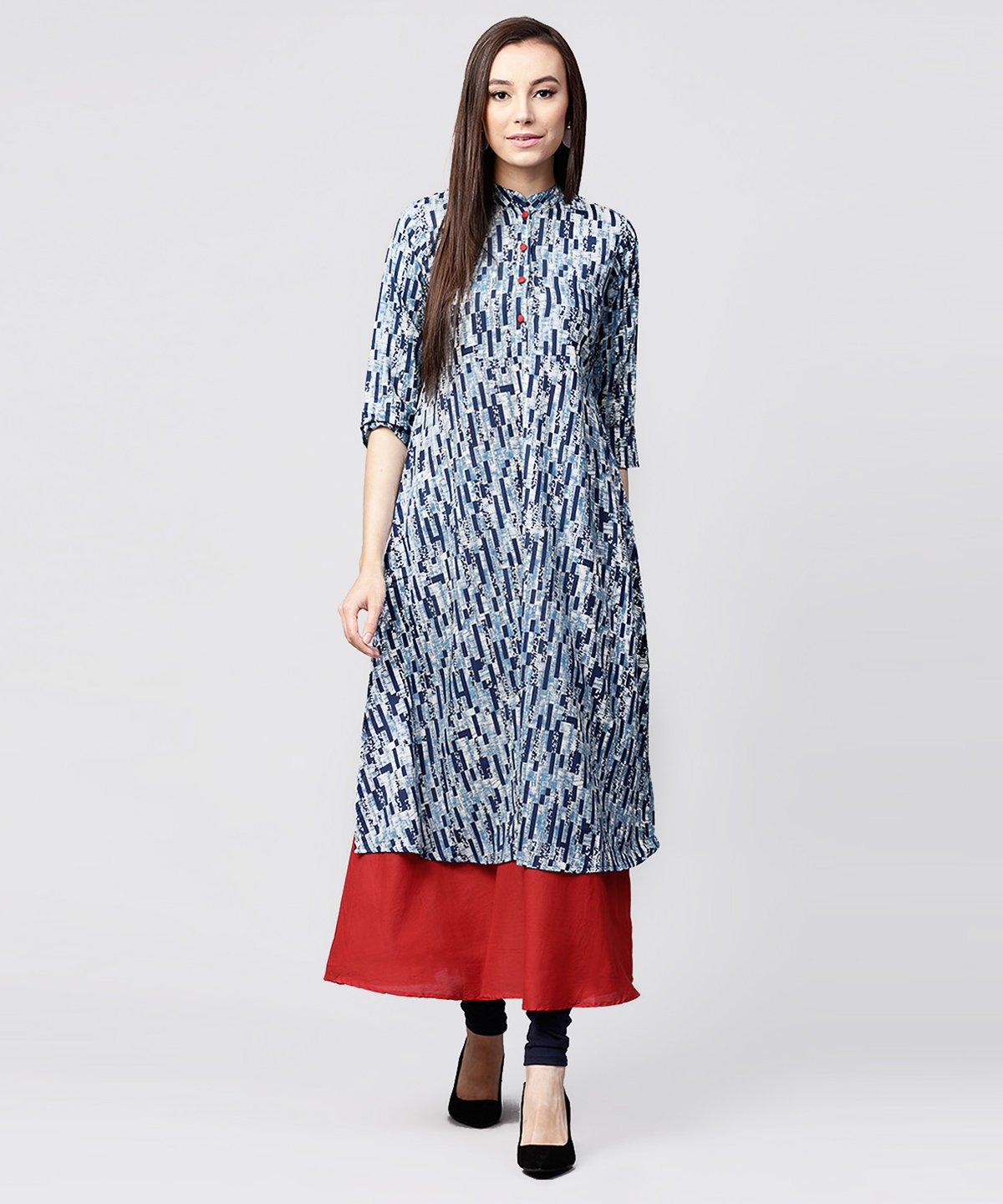 Blue Printed 3/4Th Sleeve Cotton Double Layer Kurta | LASVINI - Redefining Indian Fashion with Elegance
