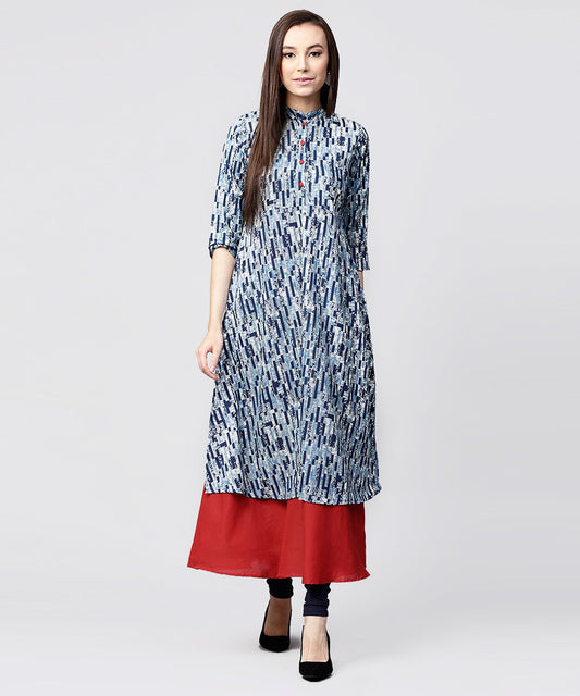 Blue Printed 3/4Th Sleeve Cotton Double Layer Kurta | LASVINI - Redefining Indian Fashion with Elegance