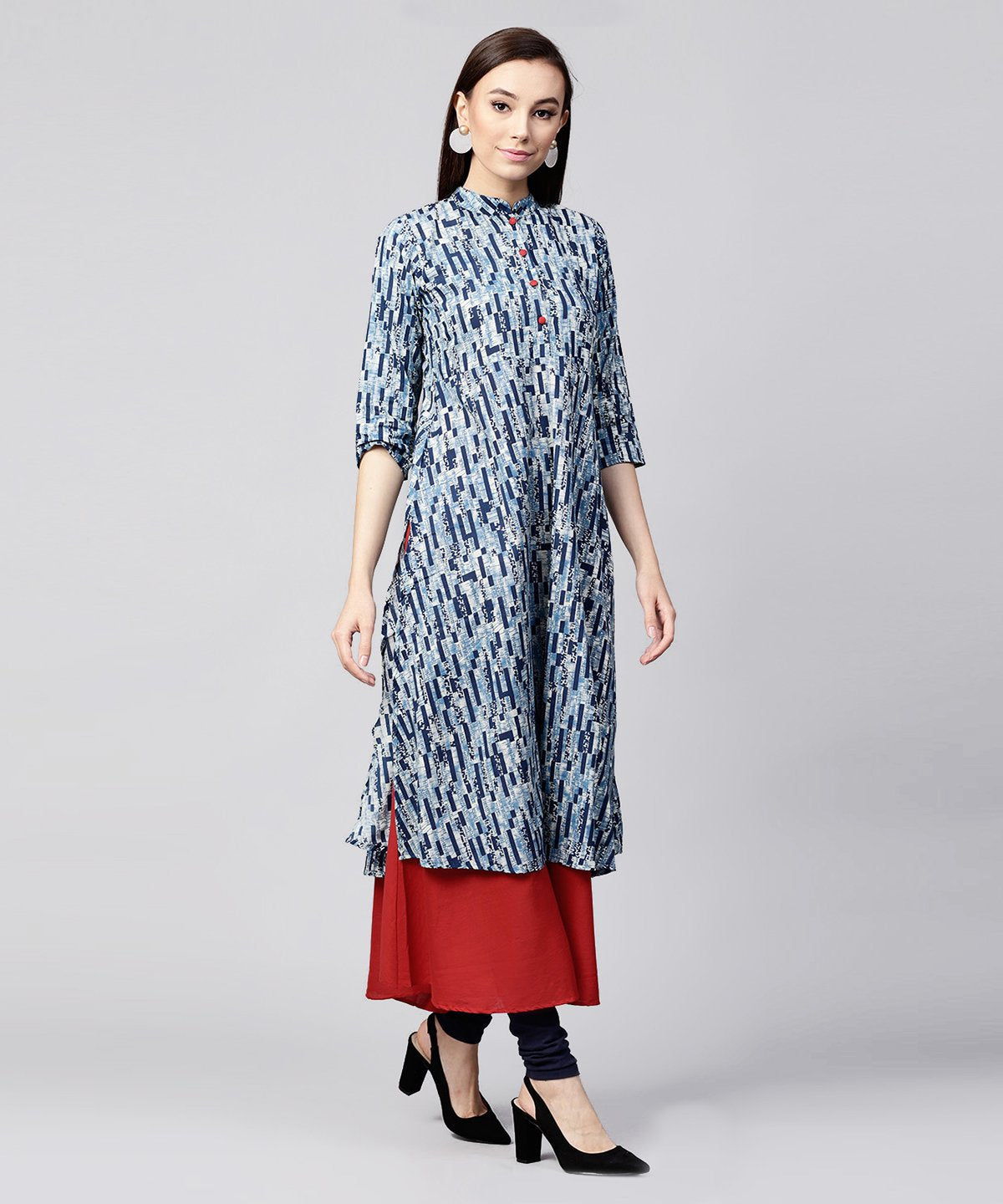 Blue Printed 3/4Th Sleeve Cotton Double Layer Kurta | LASVINI - Redefining Indian Fashion with Elegance