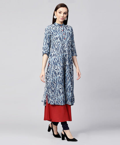 Blue Printed 3/4Th Sleeve Cotton Double Layer Kurta | LASVINI - Redefining Indian Fashion with Elegance