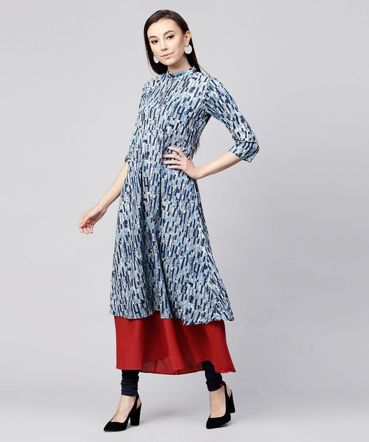Blue Printed 3/4Th Sleeve Cotton Double Layer Kurta | LASVINI - Redefining Indian Fashion with Elegance