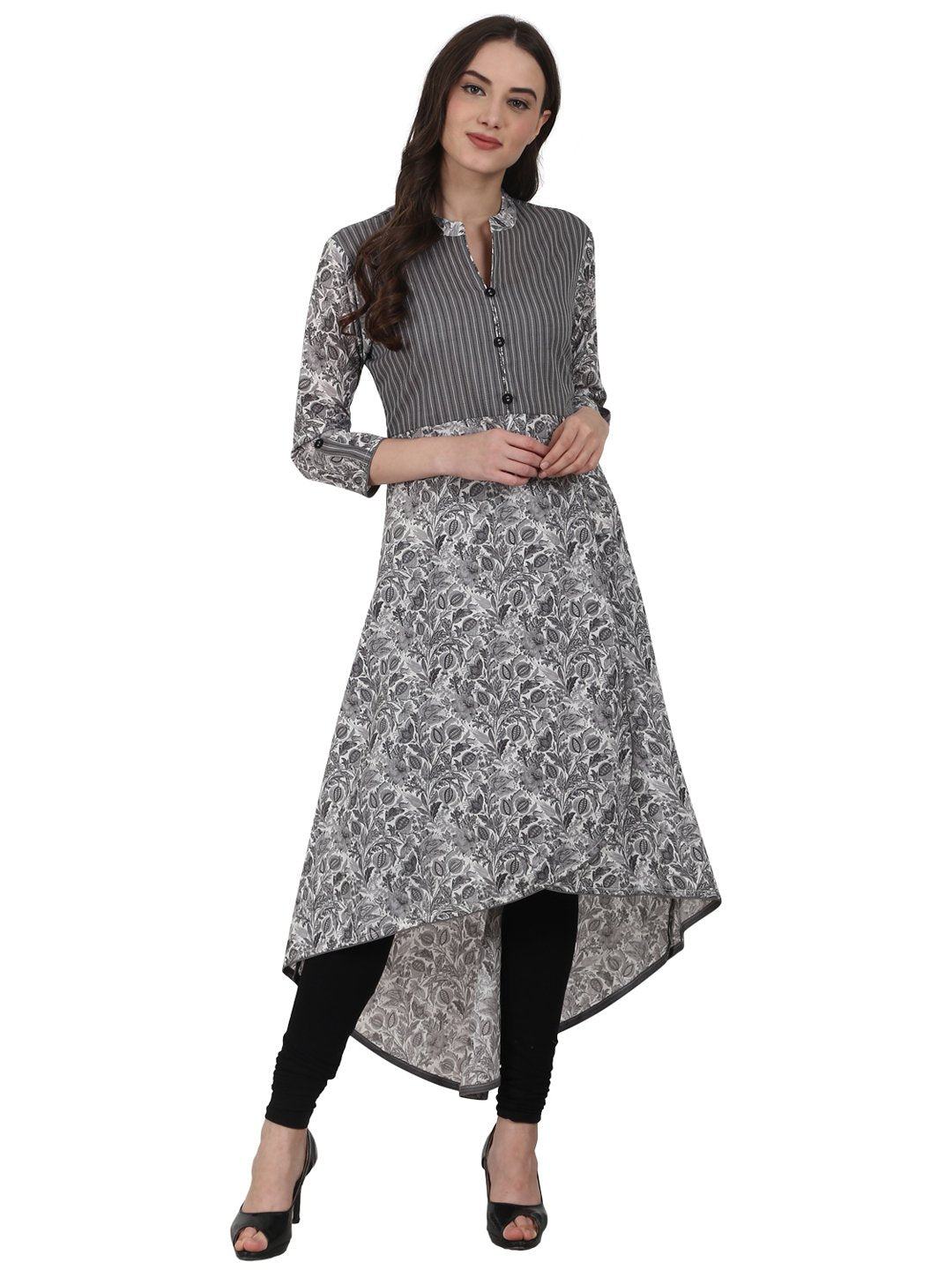 Women Grey Printd 3/4 Sleeve Cotton Low High Kurta | LASVINI - Redefining Indian Fashion with Elegance