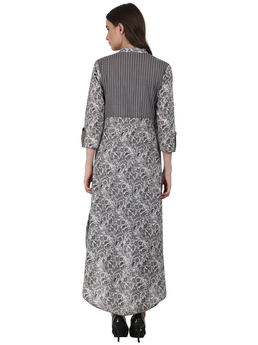 Women Grey Printd 3/4 Sleeve Cotton Low High Kurta | LASVINI - Redefining Indian Fashion with Elegance