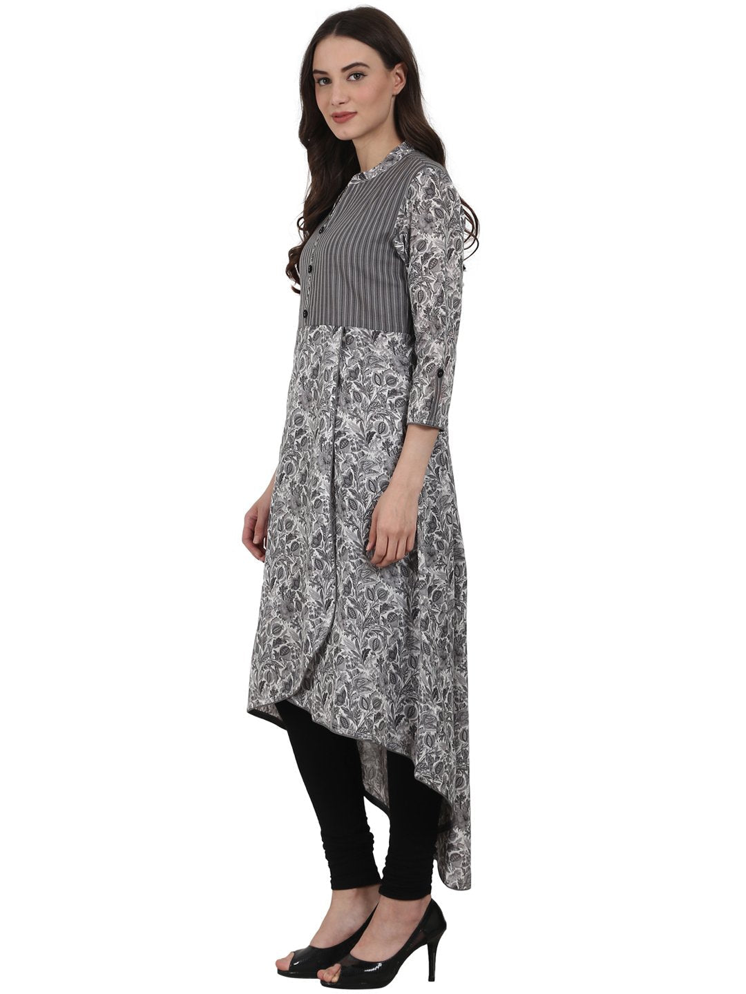 Women Grey Printd 3/4 Sleeve Cotton Low High Kurta | LASVINI - Redefining Indian Fashion with Elegance