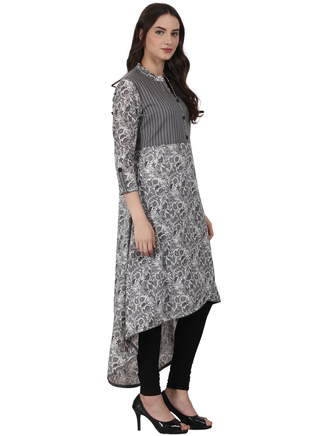 Women Grey Printd 3/4 Sleeve Cotton Low High Kurta | LASVINI - Redefining Indian Fashion with Elegance