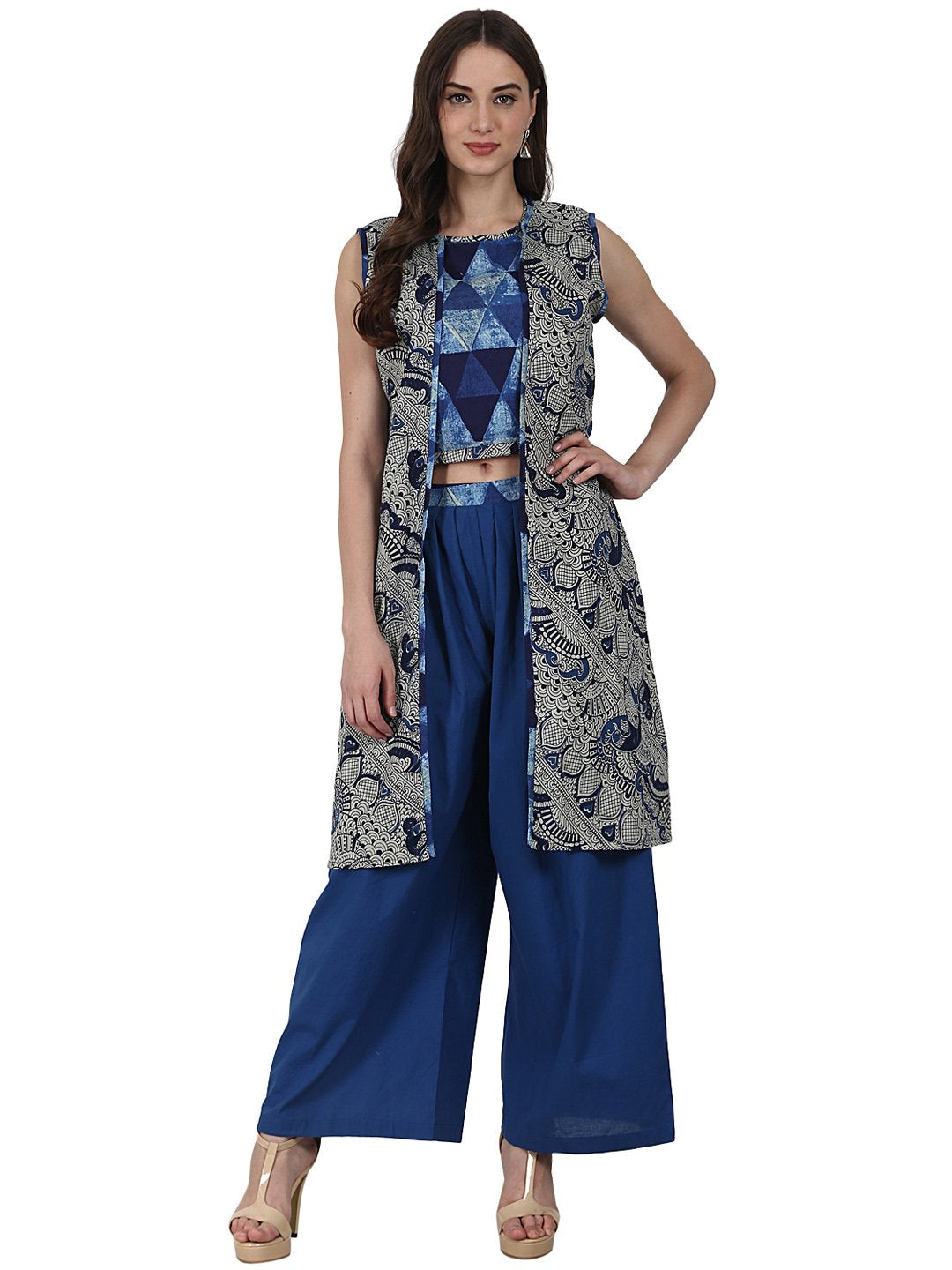 Blue Printed Top With Solid Ankle Length Plazzo & Sleevless Grey Printed Jacket | LASVINI - Redefining Indian Fashion with Elegance