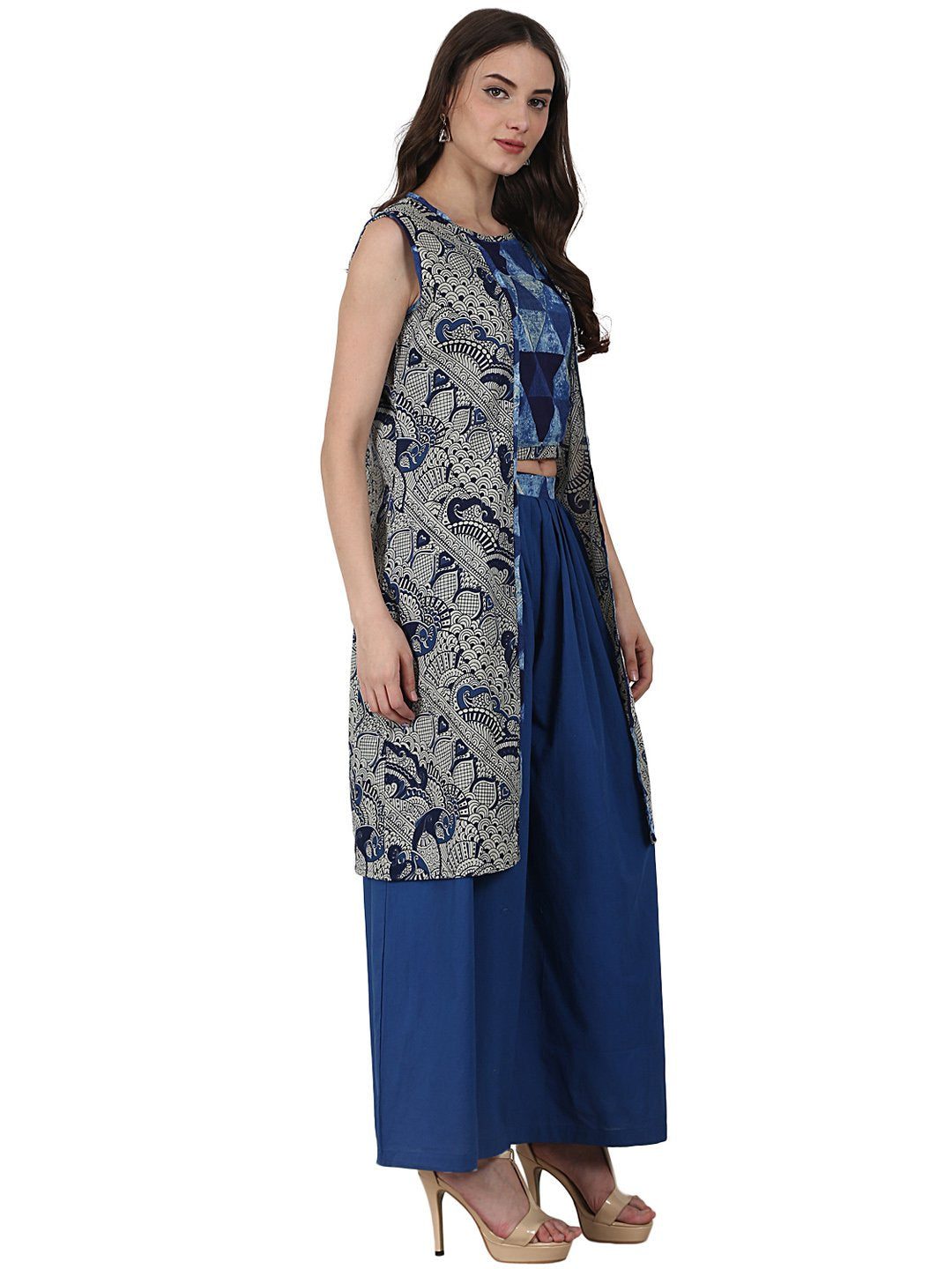 Blue Printed Top With Solid Ankle Length Plazzo & Sleevless Grey Printed Jacket | LASVINI - Redefining Indian Fashion with Elegance