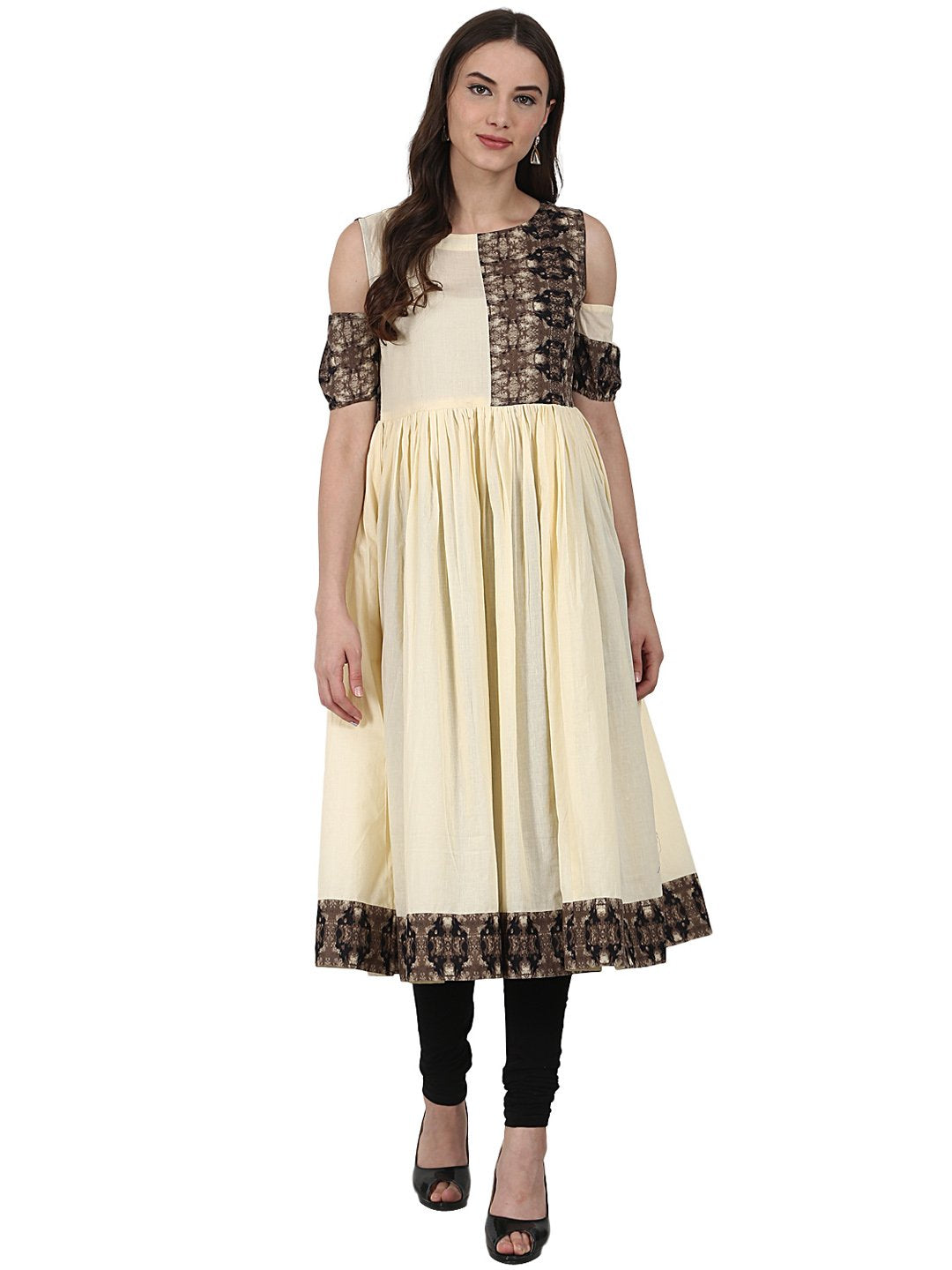 Cream Color Short Sleeve Cotton Anarkali Kurta | LASVINI - Redefining Indian Fashion with Elegance