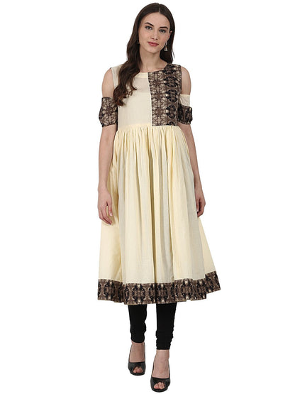 Cream Color Short Sleeve Cotton Anarkali Kurta | LASVINI - Redefining Indian Fashion with Elegance